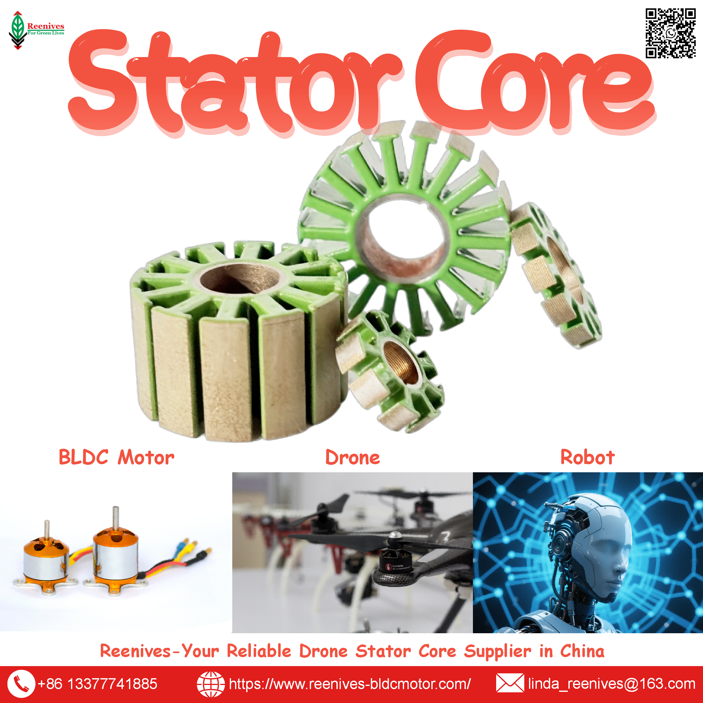 Precision BLDC motor stators for UAV, drone & industrial motors. 0.20mm epoxy-coated, low loss, Class H. Custom tooling & global shipping.